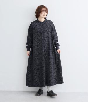 花柄コーデュロイ　ヘンリーネックワンピース（ネイビー・F）