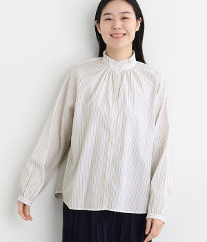 先染めブロード 襟フリルブラウス(オフストライプ-ONESIZE)