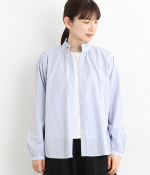 先染めブロード 襟フリルブラウス(ブルーストライプ-ONESIZE)