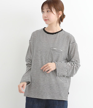 シアーボーダー ロングTシャツ(オフ×クロ-ONESIZE)