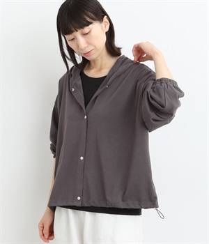 接触冷感スラブ天竺 ドロストフードカーディガン(スミクロ-ONESIZE)