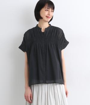 コットンリネン シャーリングスキッパーブラウス(クロ-ONESIZE)