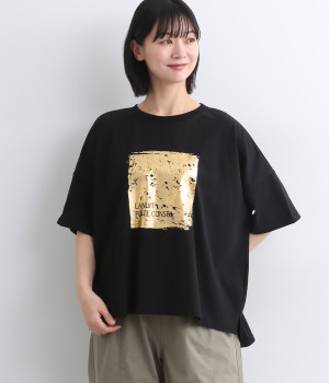 接触冷感 ワイドロゴ箔プリントTシャツ(クロ-ONESIZE)