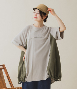 異素材切替 ドロストチュニック(グレージュ-ONESIZE)