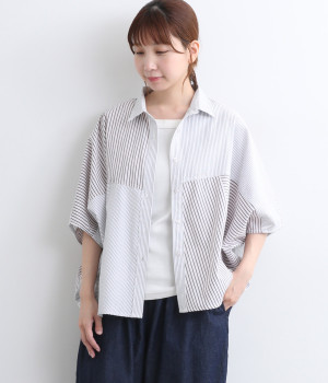 ストライプMIX デザインシャツ(オフ×クロ-ONESIZE)