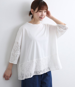 シルケット風天竺 レース切替プルオーバー(オフホワイト-ONESIZE)