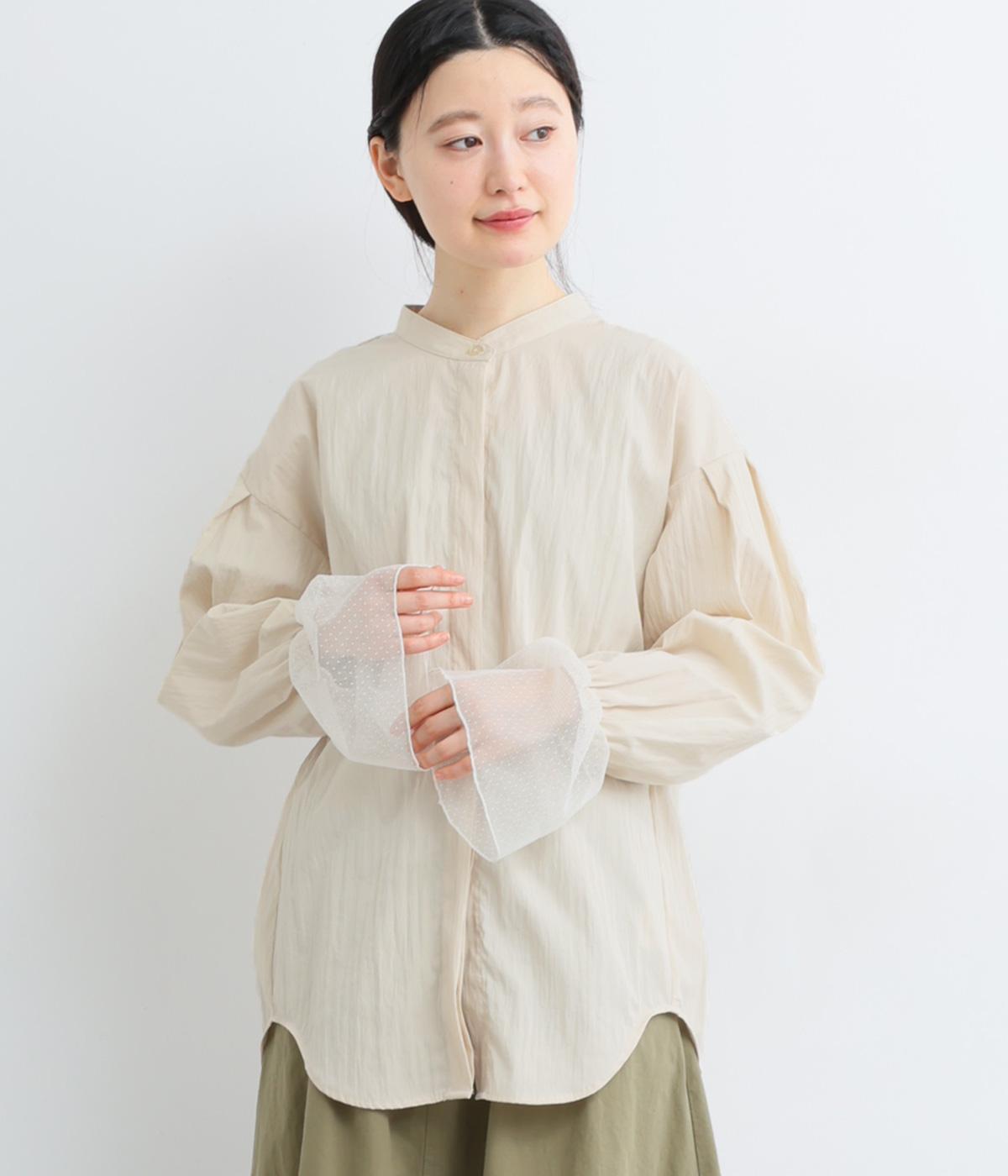 ブロード×ドットチュール袖口フレア切替ヒヨクシャツ長袖(エクリュ-F)