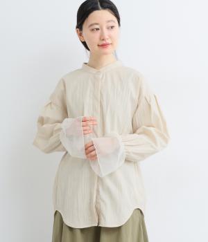 ブロード×ドットチュール袖口フレア切替ヒヨクシャツ長袖(エクリュ-F)
