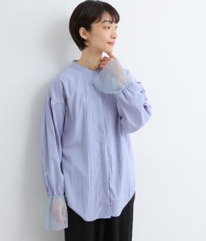 ブロード×ドットチュール袖口フレア切替ヒヨクシャツ長袖(アイスブルー-F)