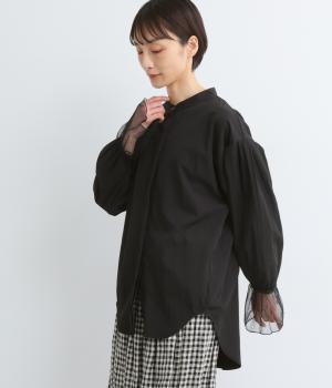 ブロード×ドットチュール袖口フレア切替ヒヨクシャツ長袖(クロ-F)
