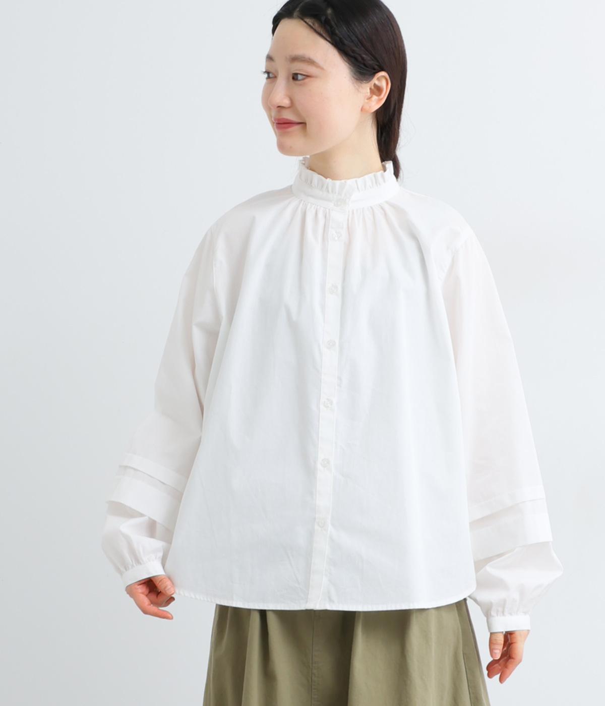 ブロード袖タック襟フリルシャツ長袖(オフホワイト-F)