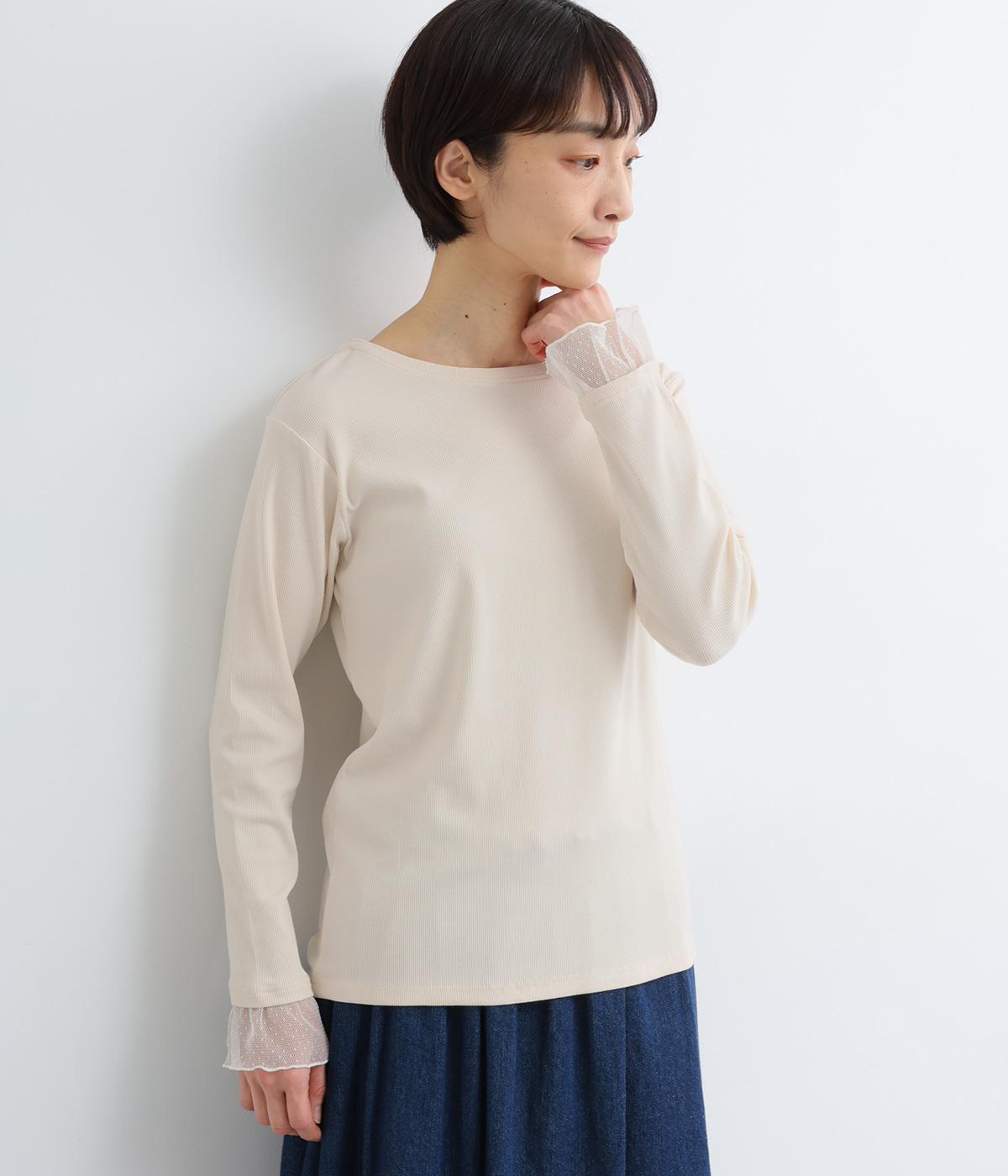 リブテレコドットチュールレース袖口チュールレイヤードTEE長袖(オフホワイト-F)