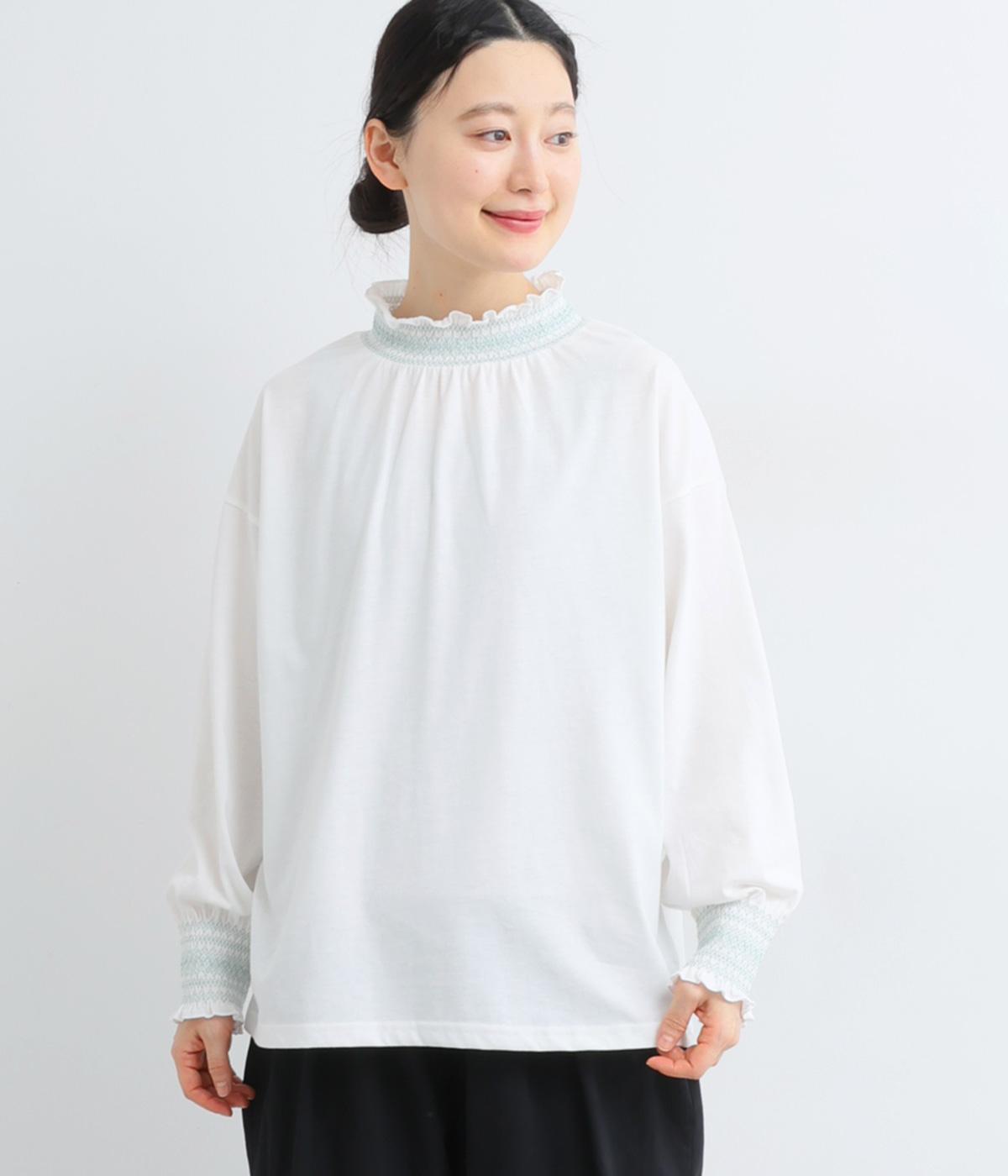 TC天竺×スモッキング刺繍プルオーバー長袖(オフホワイト-F)