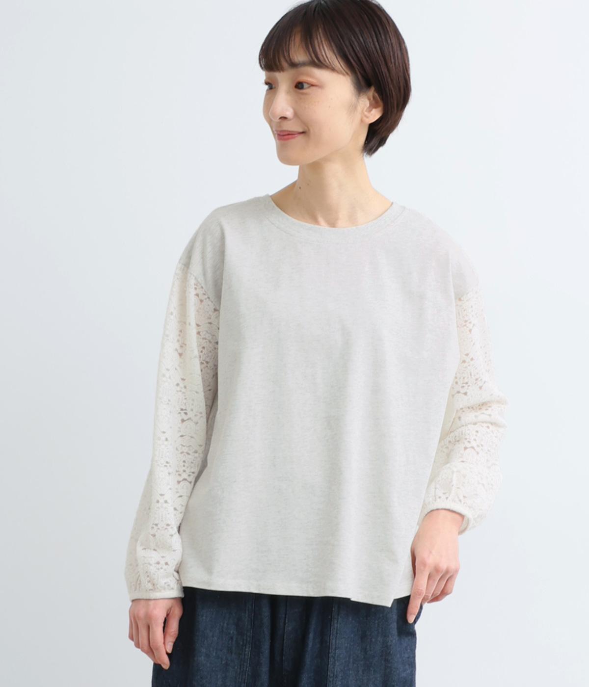 シルケット風天竺×ジャカード風レースニットボリューム袖切替プルオーバー長袖(杢オフ-F)