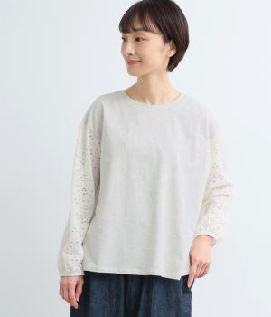 シルケット風天竺×ジャカード風レースニットボリューム袖切替プルオーバー長袖(杢オフ-F)