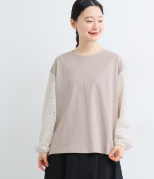 シルケット風天竺×ジャカード風レースニットボリューム袖切替プルオーバー長袖(グレージュ-F)