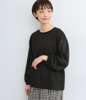 シルケット風天竺×ジャカード風レースニットボリューム袖切替プルオーバー長袖(クロ-F)