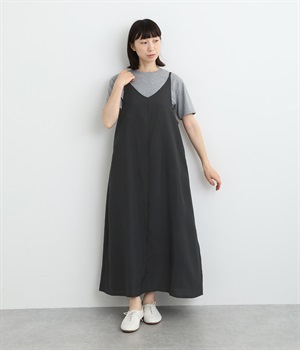 リネンライク フレアシルエットキャミワンピース(クロ-ONESIZE)