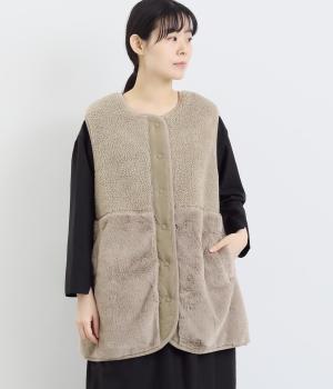 ボア×ファー 切替ベスト(グレージュ-F)