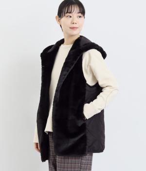 ファー×薄中綿キルト ベスト(クロ-F)