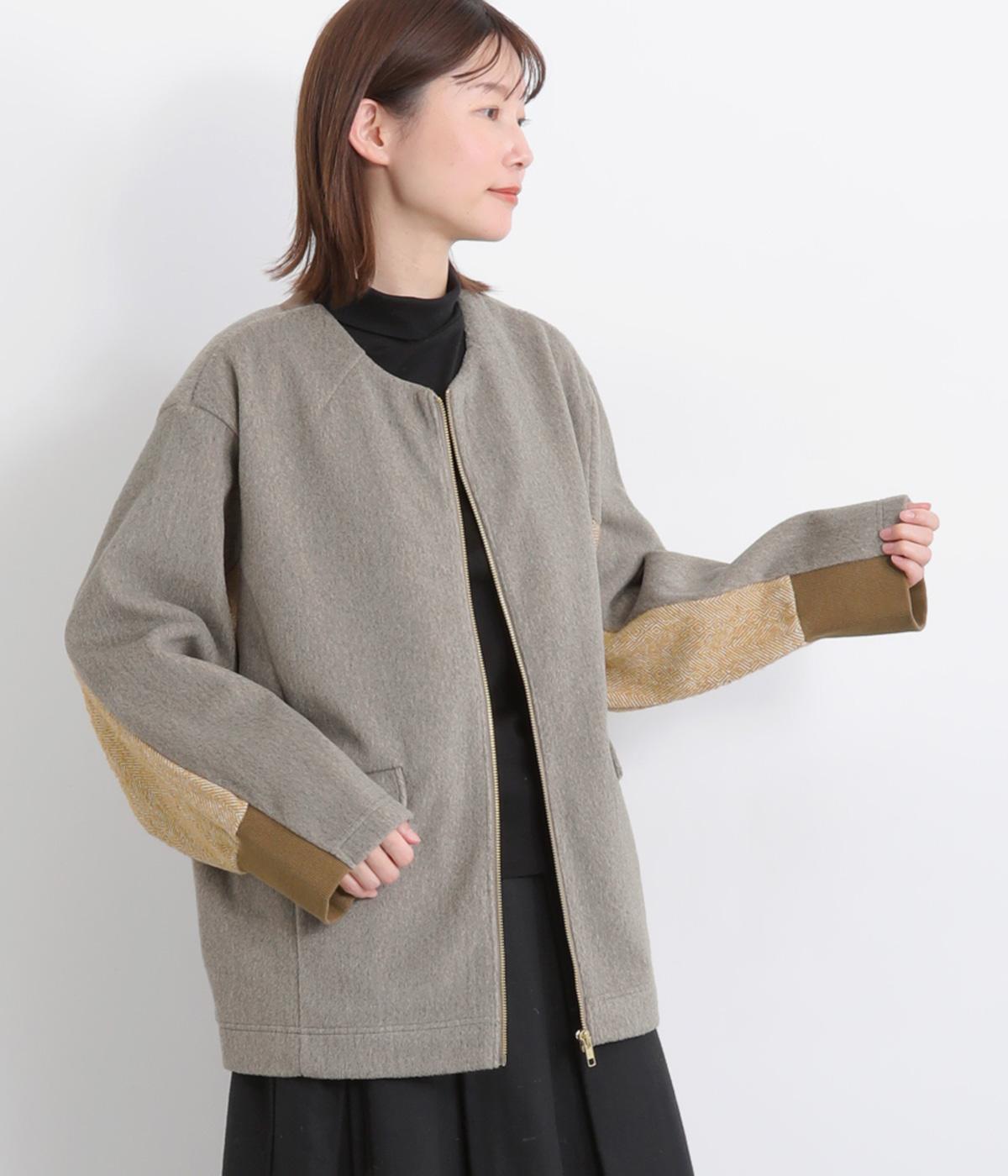 フェイクウール×ヘリンボーン 切替ショートコート(杢ベージュ-F)