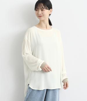 シアージョーゼット袖口リブラウンドブラウスプルオーバー(オフホワイト-F)