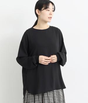 シアージョーゼット袖口リブラウンドブラウスプルオーバー(クロ-F)