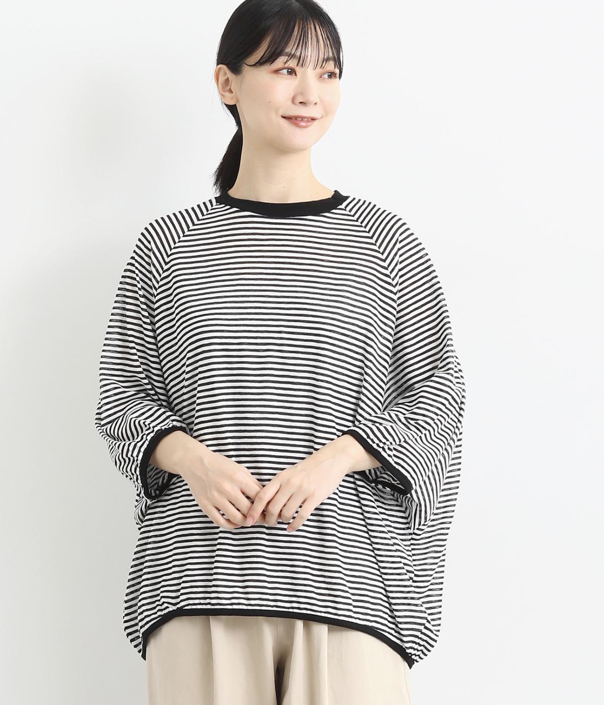 シアーボーダードルマン8分袖プルオーバー(シロ×クロ-F)