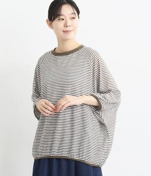 シアーボーダードルマン8分袖プルオーバー(キナリ×カーキ-F)