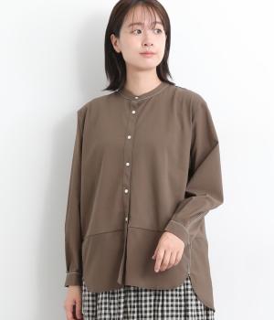 異素材ミックス配色ステッチシャツ(コーヒー-F)
