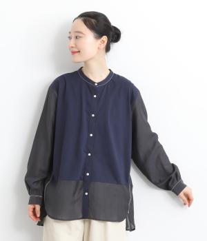 異素材ミックス配色ステッチシャツ(ネイビー-F)