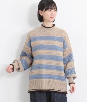 ミックスボーダープルオーバー(グレージュ×サックス-F)