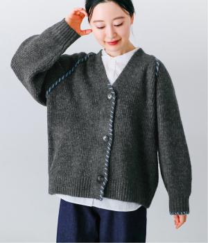 ヤクタッチステッチワークカーディガン(ミックスチャコール-F)