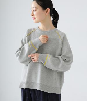 スエットライクニット　配色袖ロゴプルオーバー(杢グレー-F)