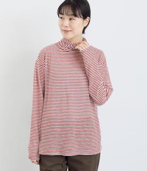 シアーボーダーフライスねじれクシュクシュタートルネック(白×レンガ-F)