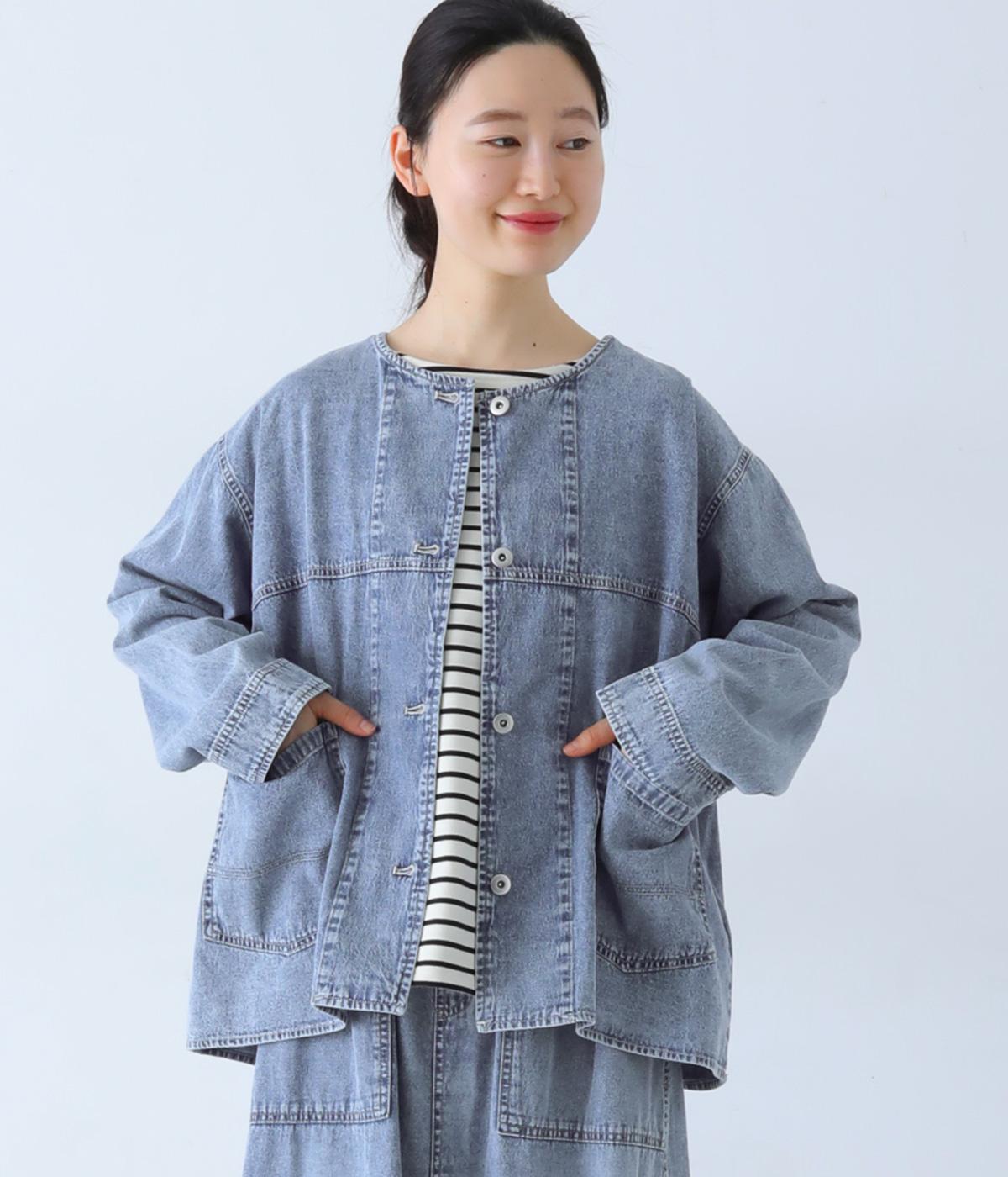 6.5ozデニムケミカルウォッシュ加工ノーカラージャケット長袖(サックス-F)