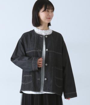 6.5ozデニムケミカルウォッシュ加工ノーカラージャケット長袖(チャコール-F)