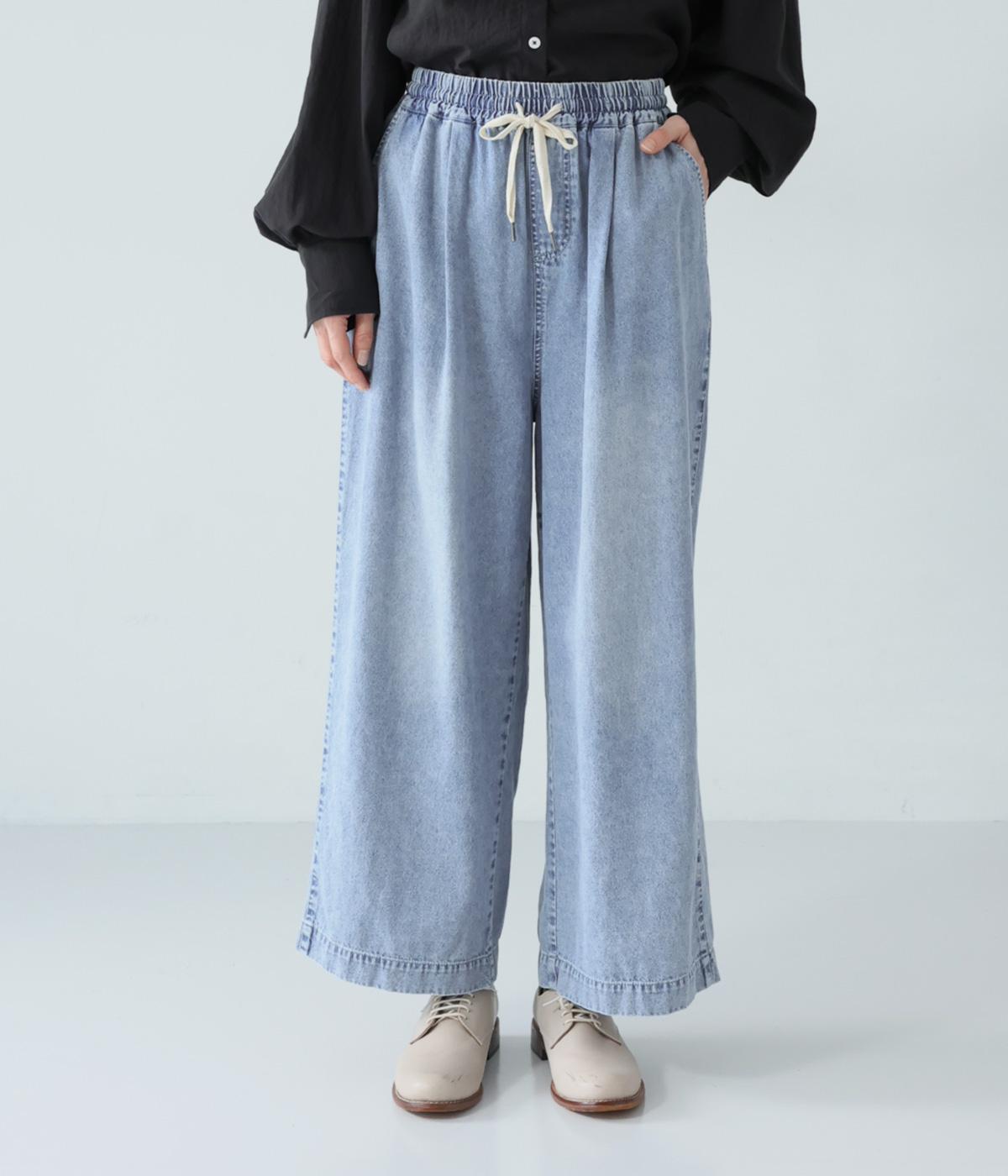 6.5ozデニムケミカルウォッシュ加工タックイージーパンツ(サックス-F)