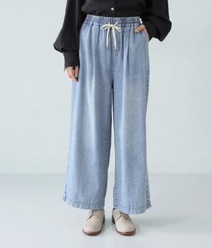 6.5ozデニムケミカルウォッシュ加工タックイージーパンツ(サックス-F)