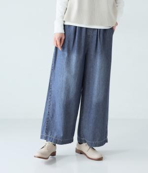 6.5ozデニムケミカルウォッシュ加工タックイージーパンツ(ブルー-F)