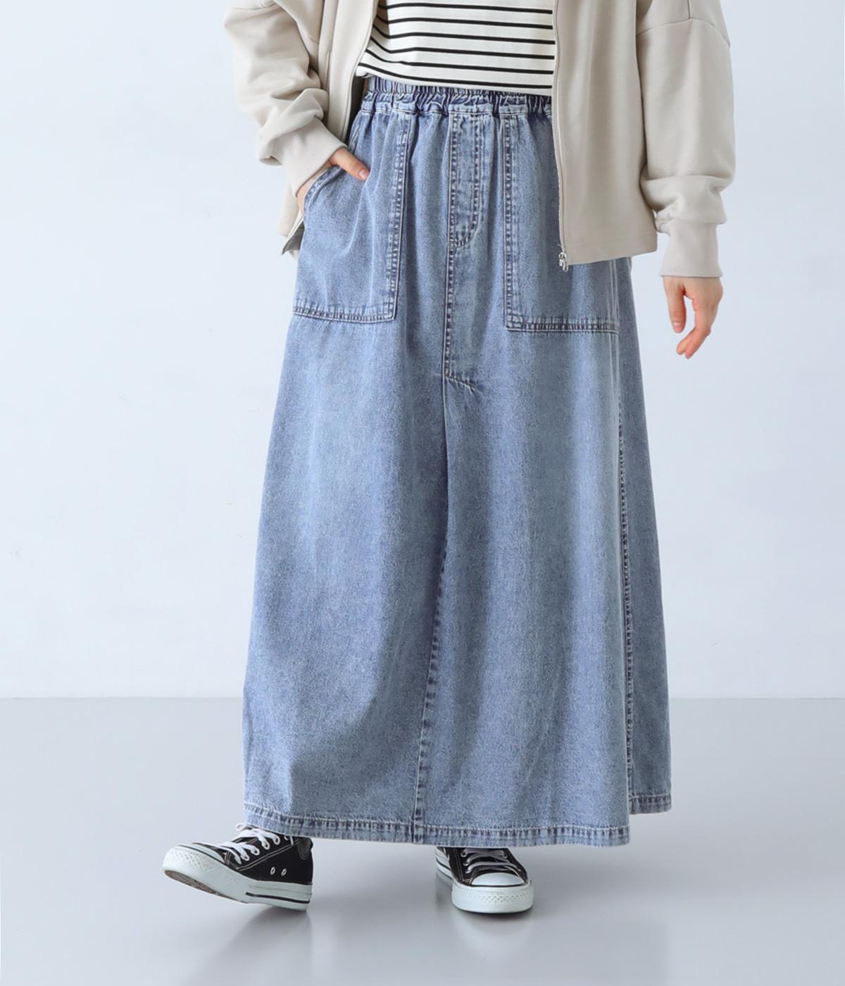 6.5ozデニムケミカルウォッシュ加工フレアスカート(サックス-F)