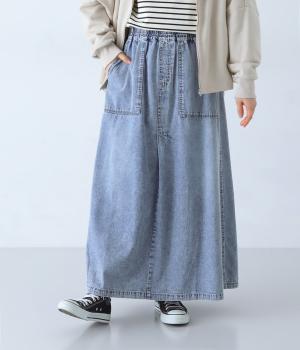 6.5ozデニムケミカルウォッシュ加工フレアスカート(サックス-F)