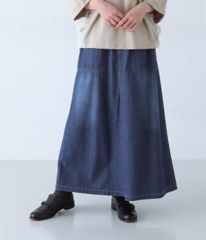 6.5ozデニムケミカルウォッシュ加工フレアスカート(ブルー-F)