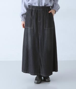 6.5ozデニムケミカルウォッシュ加工フレアスカート(チャコール-F)