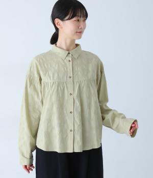 ランダムドットジャカード胸切替ギャザーシャツ長袖(グリーン-F)