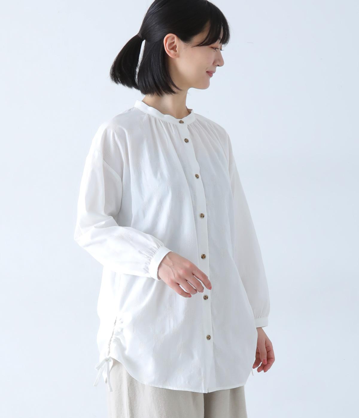 ランダムドットジャカードサイドドロストシャツチュニック長袖(オフホワイト-F)