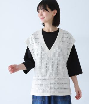 レースニットソーパッチワーク風Vネックベスト