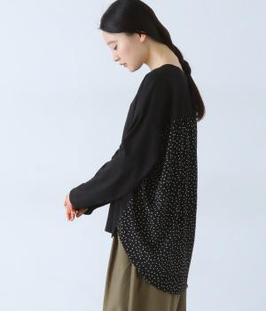 シルケット風天竺×プリント布帛異素材切替バックギャザープルオーバー長袖