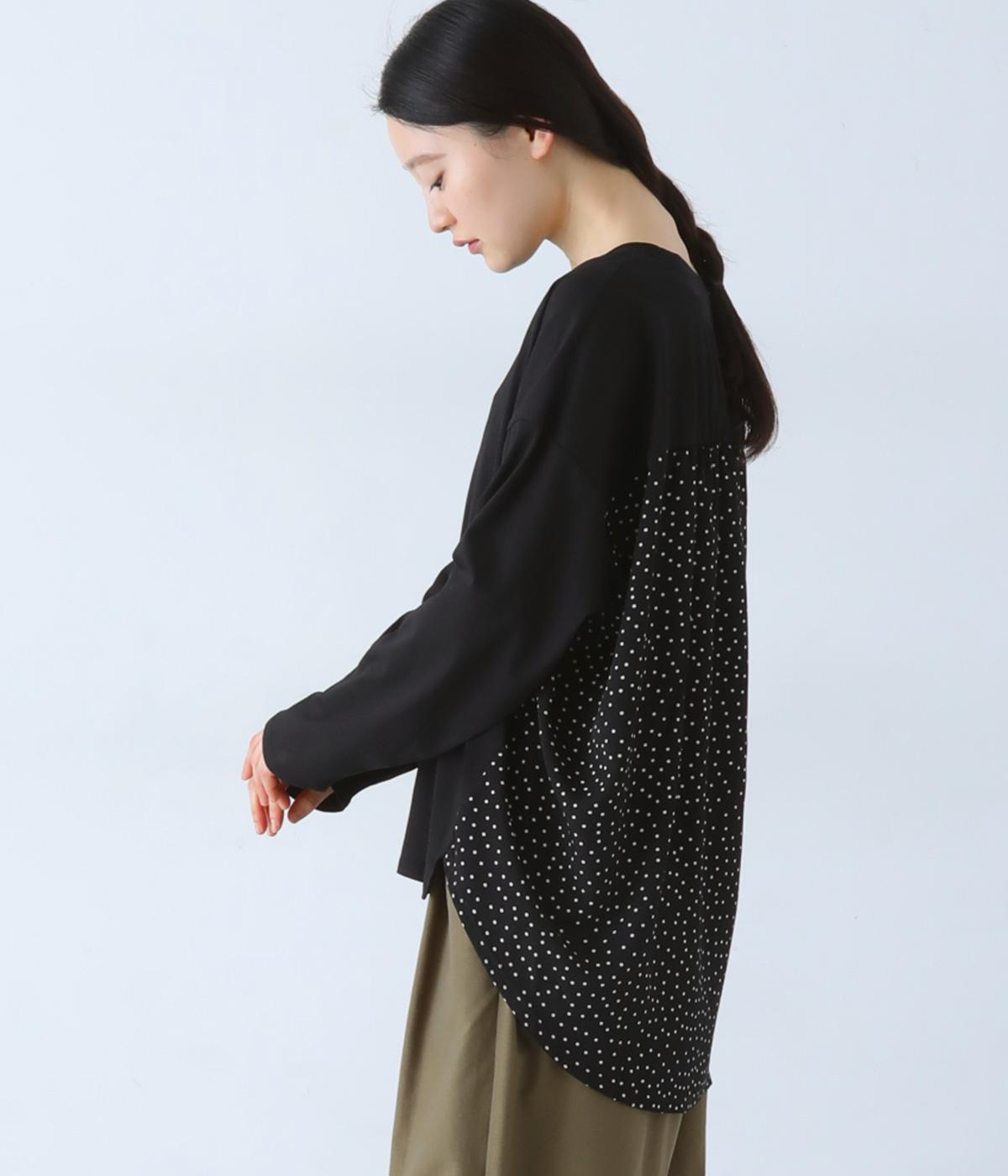 シルケット風天竺×プリント布帛異素材切替バックギャザープルオーバー長袖(クロ-F)