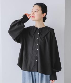 コットン混ローンビックカラーブラウス